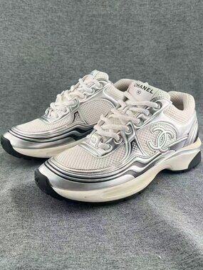 Chanel Metallic Silver Mesh CC Logo Luxury Running Sneakers